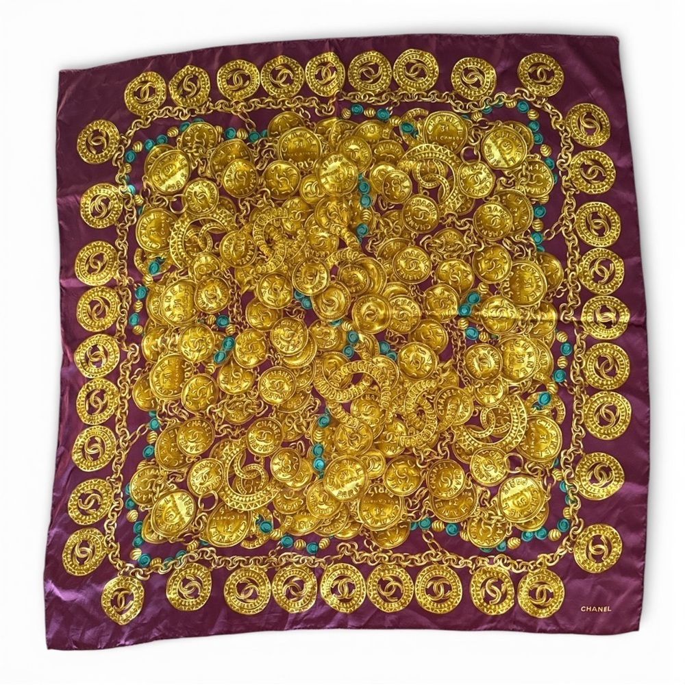 Vintage Chanel Silk Scarf in Burgundy with Gold Chain and Coin Detail